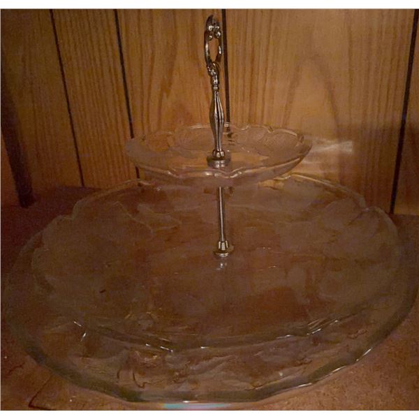 Two-Tiered Glass Serving Tray with Metal Handle