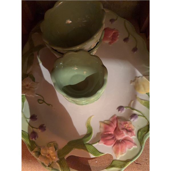 Floral Ceramic Serving Tray with 4 Bowls and Leaf-Shaped Plate Set