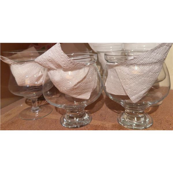 Glass Serveware Lot: Goblets, Punch Bowl, Divided Tray, Covered Cake Stand