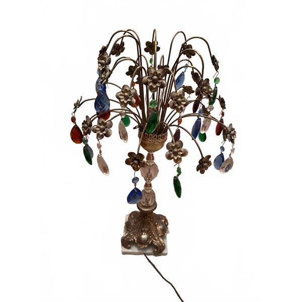 Decorative Lamp with Coloured Crystal Prisms and Floral Brass Detailing
