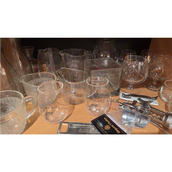 Barware Lot: Pitchers, Decanters, Glassware, Corkscrews, Seagram's Jug Tag