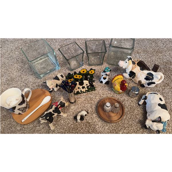 Cow Figurines, Butterfly Mug Set, Glass Vases, and Salt Pepper Set