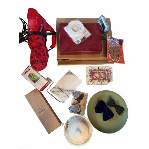 Household Items Including Hair Dryer Bow Ties Picture Frame Plates
