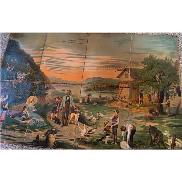 Large Fold-Out Lithograph Rural Farm Scene With Animals and Figures