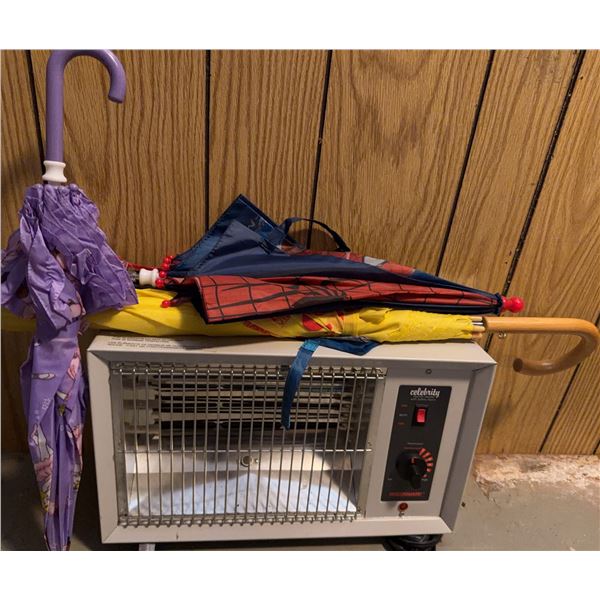 Three Assorted Adult and Child Umbrellas with Celebrity Quartz Heater