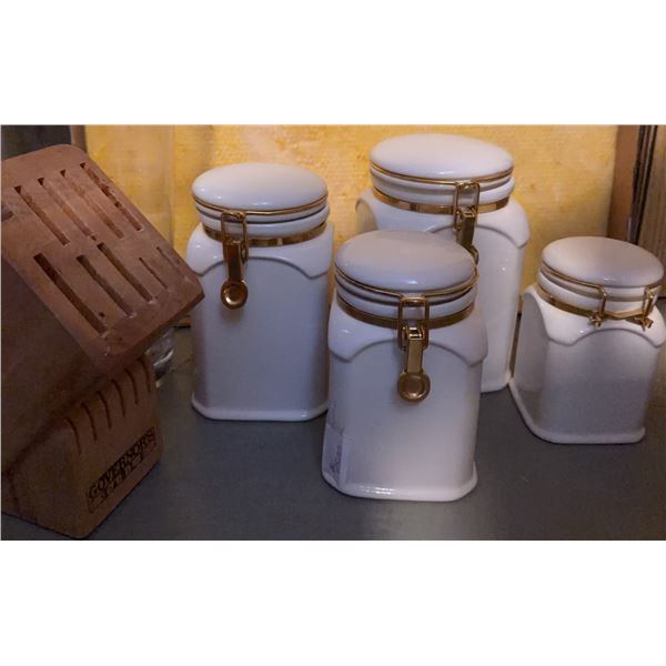 4 White Ceramic Canisters with Gold Hinged Lids and Wooden Knife Block
