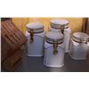Image 1 : 4 White Ceramic Canisters with Gold Hinged Lids and Wooden Knife Block