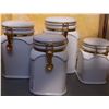 Image 2 : 4 White Ceramic Canisters with Gold Hinged Lids and Wooden Knife Block
