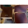Image 1 : Small Brown Metal Storage Cabinet With Drawer and Two Purple Upholstered Chairs