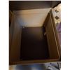 Image 2 : Small Brown Metal Storage Cabinet With Drawer and Two Purple Upholstered Chairs