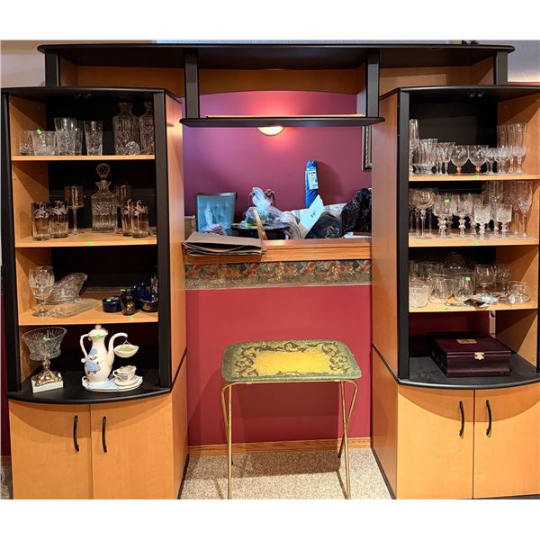 Wood and Black Finish Display Cabinets with Glass Shelves, Approx. 81" x 70" Each