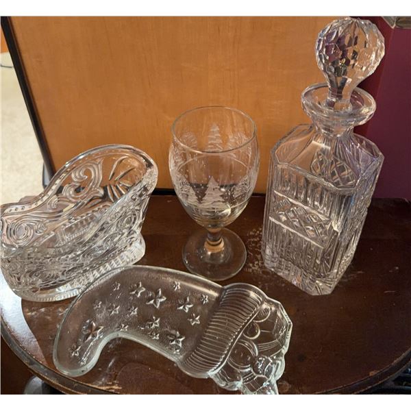 Cut Glass Lot: Decanter, Goblet, Sleigh Dish, Christmas Stocking Dish