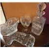 Image 1 : Cut Glass Lot: Decanter, Goblet, Sleigh Dish, Christmas Stocking Dish