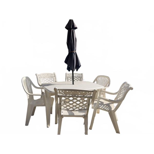 White Resin Patio Set With Six Chairs, Table, Parasol, and Umbrella Base