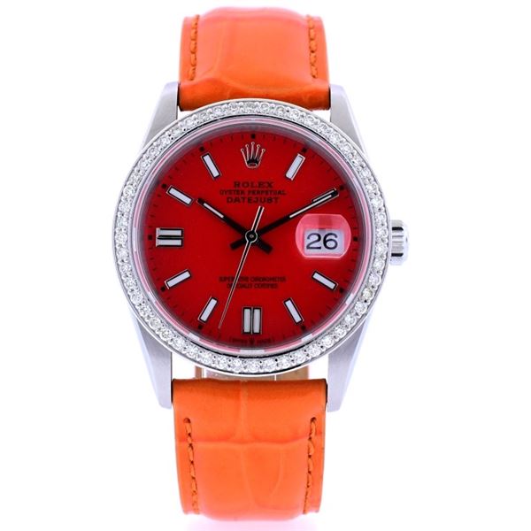 Rolex DateJust Orange 1.50ct Dia 36 Leather Watch