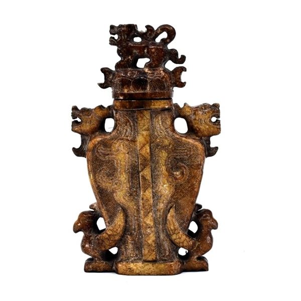 Estate Chinese Archaistic Jade Dragon Lidded Vesse
