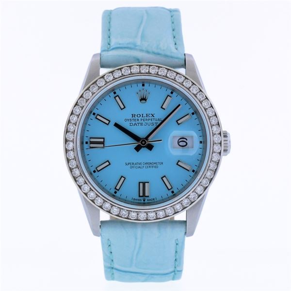 Rolex DateJust SS Tiffany 1.50ct Diam 36 Leather W