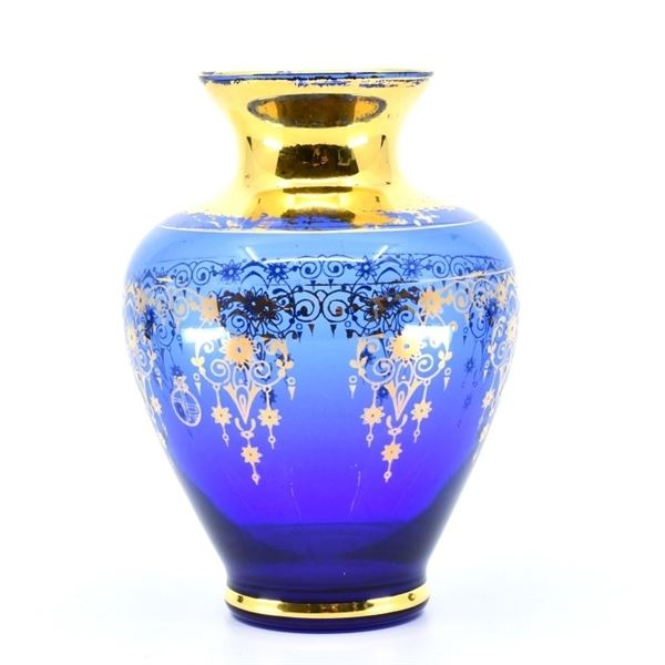 Vintage French Cobalt Blue Gilt Glass Vase