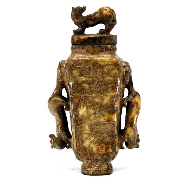 Estate Chinese Archaistic Jade Dragon Lidded Vesse
