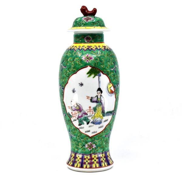 Vintage Chinese Famille Rose Green Lidded Vase