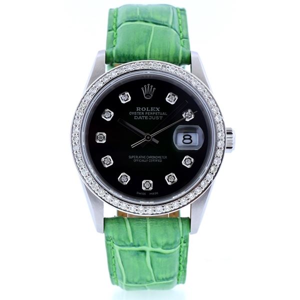 Rolex DateJust SS Black Dial 1.50ct Dia 36 Green W