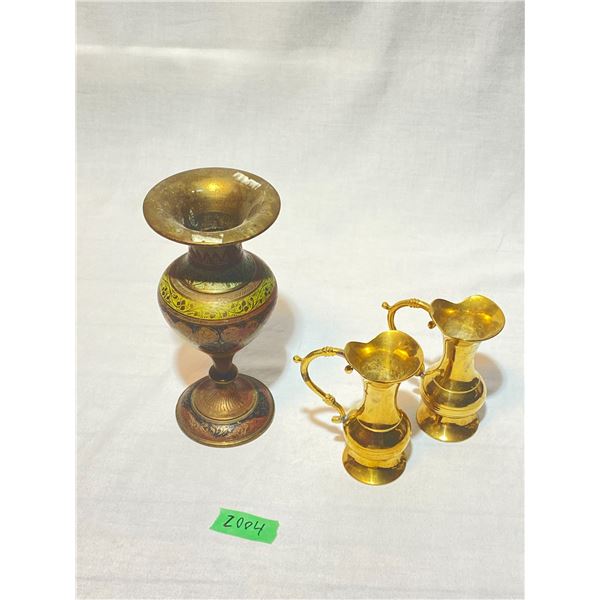 Vintage Enamelled Brass Stemmed Vase & Miniature Pitchers Lot