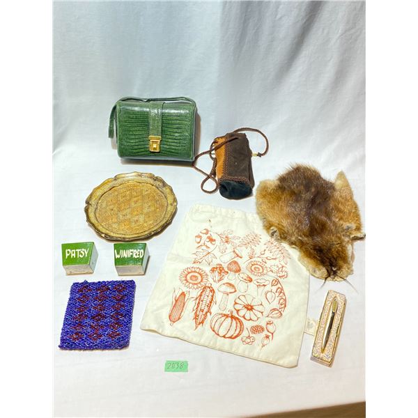 Vintage Handbag, Fur Pelt, Gilt Tray & Collectibles Group