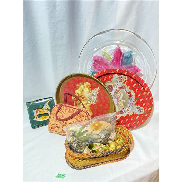 Vintage Holiday Trays, Glass Poinsettia Platter & Decor