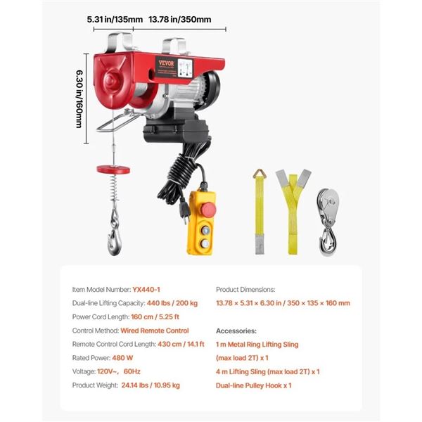 Brand New - Electric Hoist YX440-1 220/440lb Load Capacity 120V
