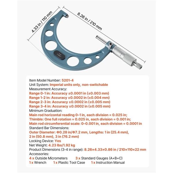 Brand New - VEVOR Outside Micrometer Set 5201-4