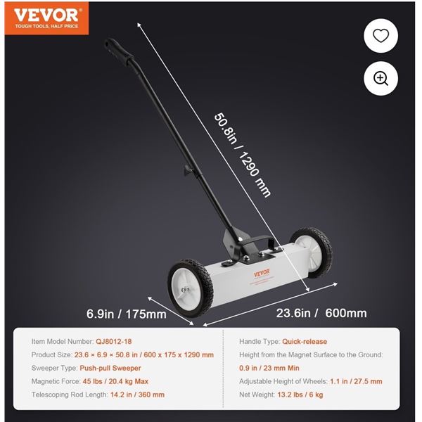 Brand New - Brand New VEVOR 18-Inch Rolling Magnetic Sweeper with Wheels