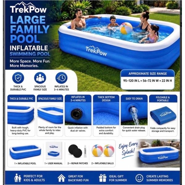 Brand New - Brand New TrekPow Large Inflatable Family Swimming Pool – Kids & Adults