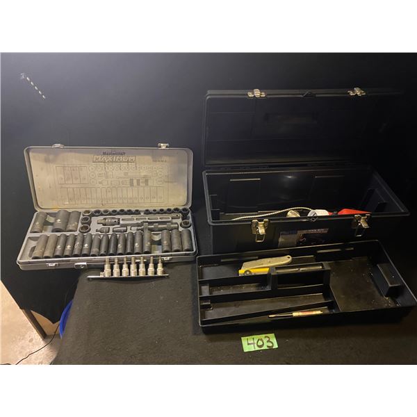 Tool box with assorted hand tools and socket set
