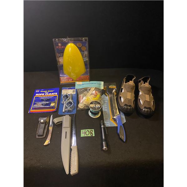 Assorted lot with boat safety kit, rope cleats, hunting knifes and more