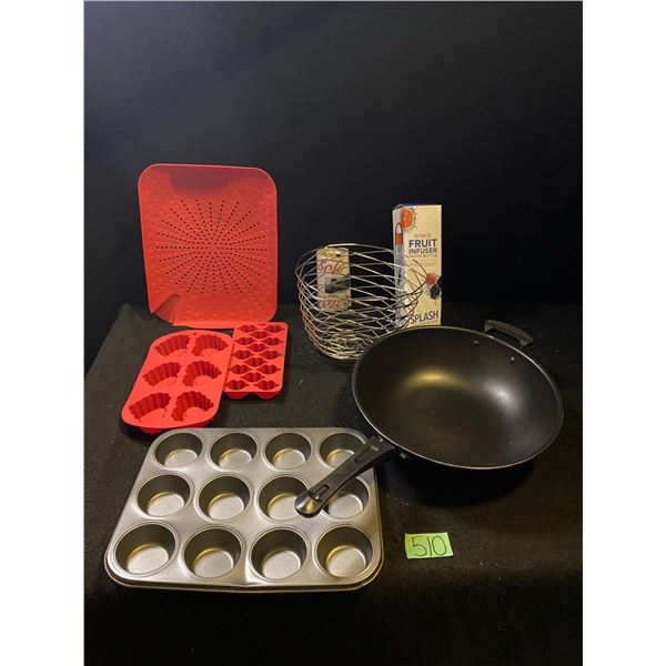 Assorted kitchen baking dishes and fry pan