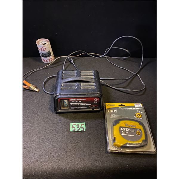 MotorMaster battery charger, 100' tape measure