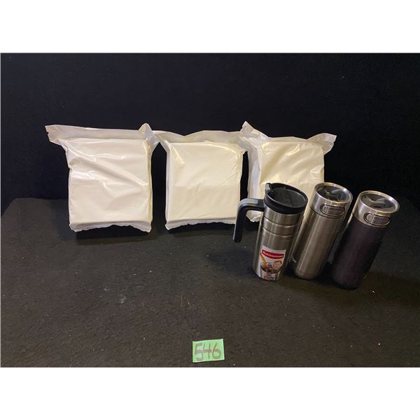 3 Insulated travel mugs and 3 packages of baby wipe refills