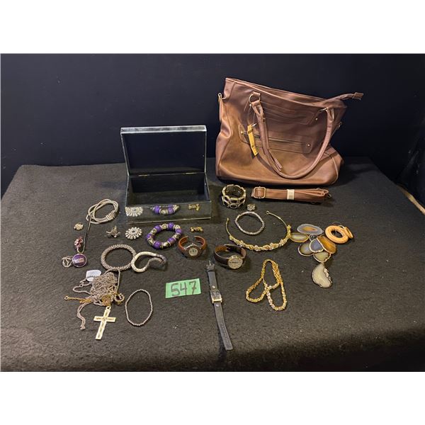 Lot of fashion jewellery, wrist watches and hand bag, jewellery box