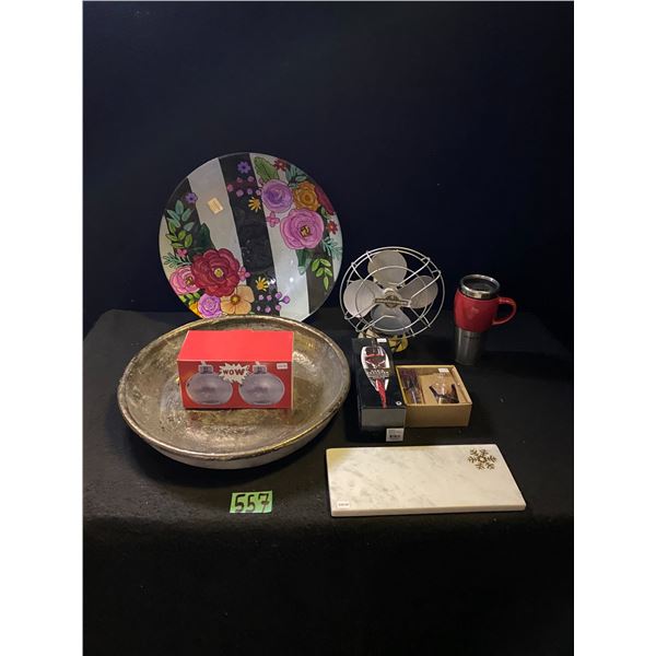 Table fan, corkscrew, decorative plates and more