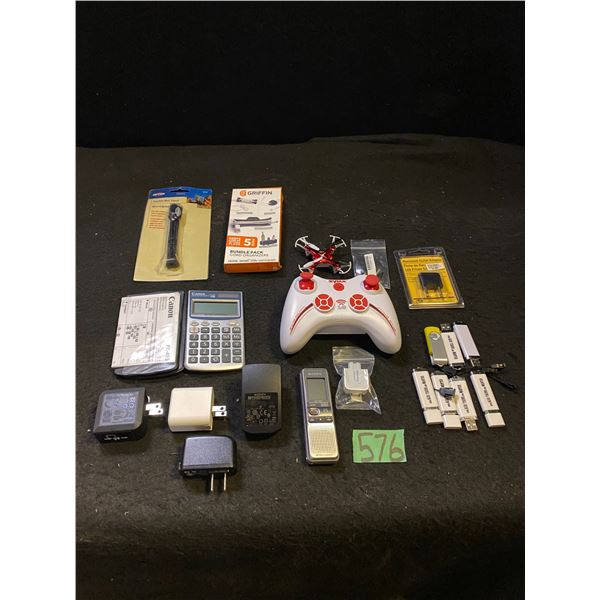 Lot of assorted items including calculator, game controller, USB sticks and more