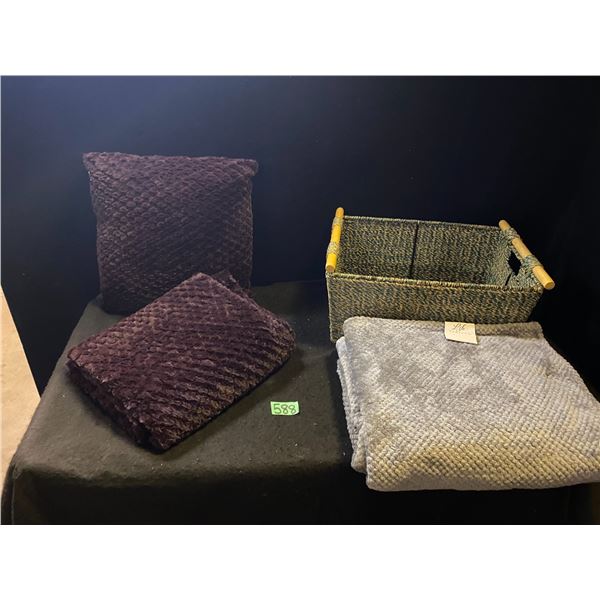 Home items including throws, decorative pillow and basket