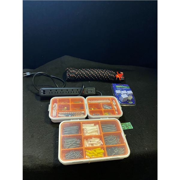 Surge protection bar, rope, 3 sets of assorted nails and picture hanging supplies