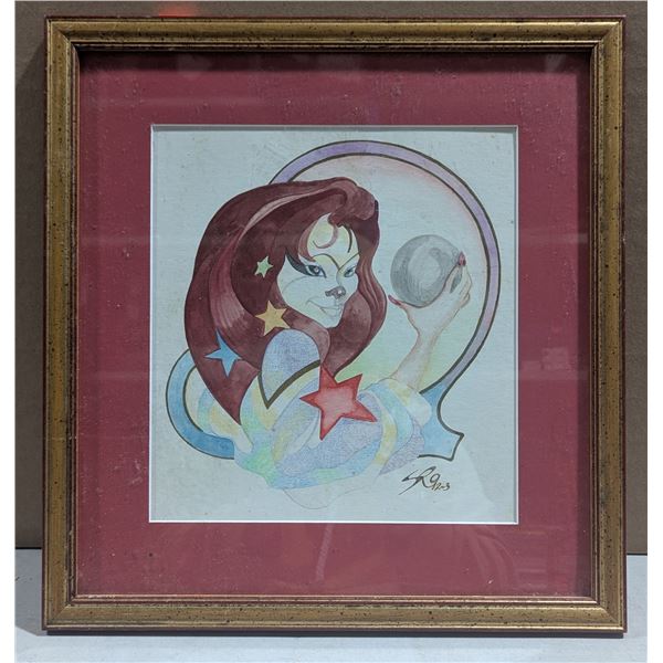 Signed Fantasy Woman w/ Crystal Ball Original Mixed Media Artwork