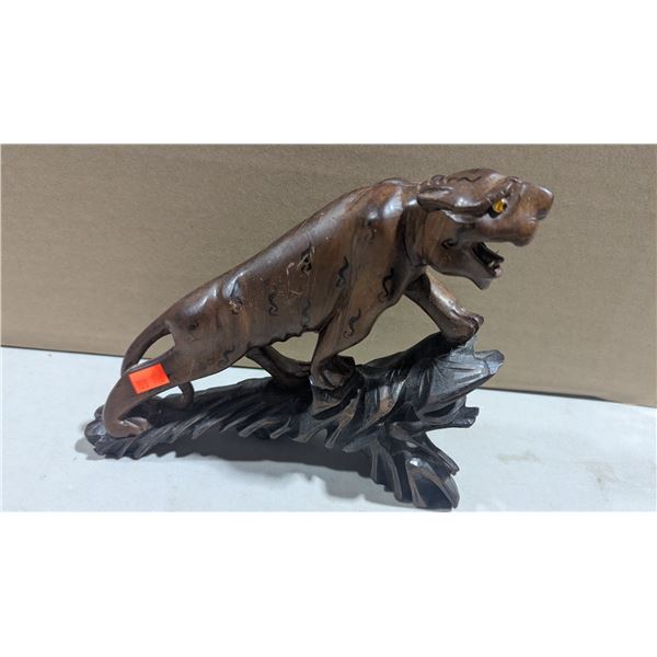 Hand-Carved Wood Tiger Figure on Branch Base