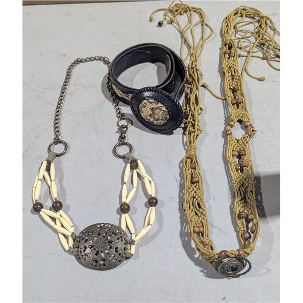 Boho Jewelry Lot - Macramé Necklace, Beaded Necklace & Leather Cuff