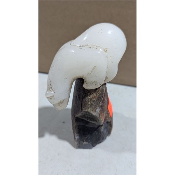 Carved White Stone Polar Bear on Natural Stone Base