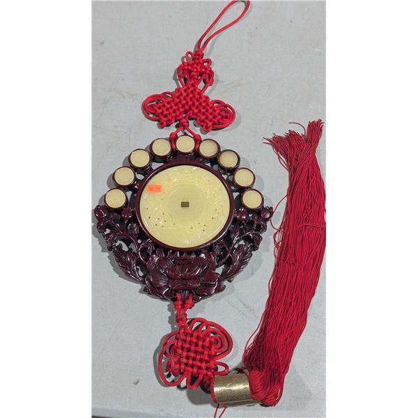 Chinese-Style Carved Coin Wall Hanging w/ Red Knots & Tassel
