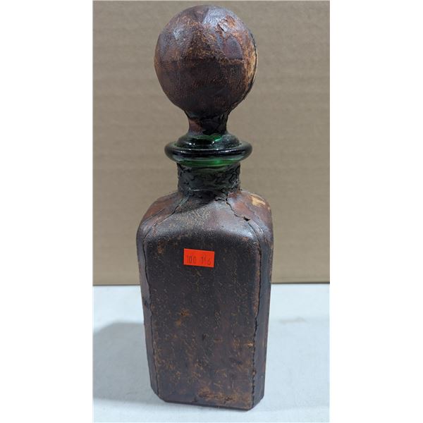 VTG Leather-Wrapped Green Glass Decanter Bottle w/ Stopper