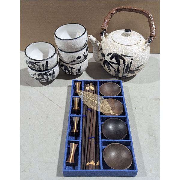 VTG Japanese Ceramic Tea Set w/ Bamboo Handle Teapot, Cups & Boxed Chopstick Set