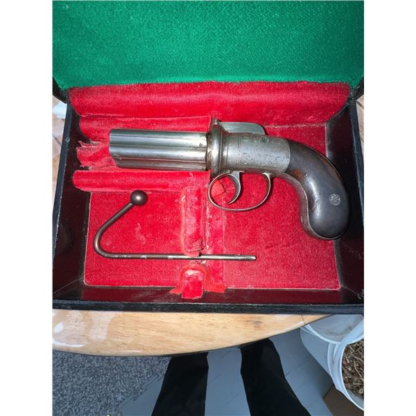A Fine, Exceptionally Rare Cased British Mid-19th Century Percussion Pepperbox Pistol 6 barrel Revol